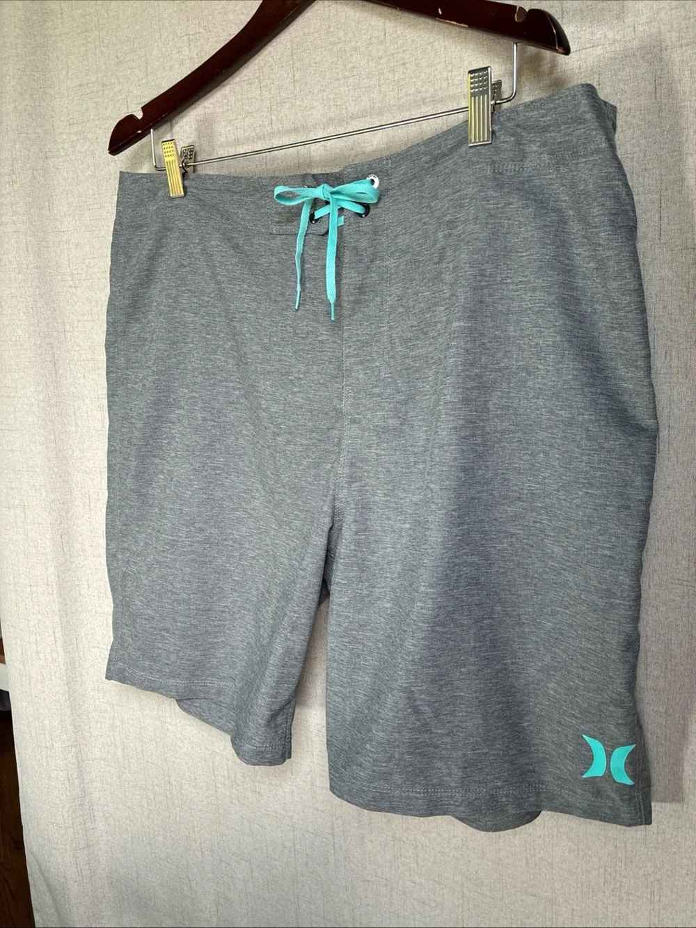 Hurley Mens Board Shorts 36 Gray Teal Swim Surf Shorts Drawstring Performance